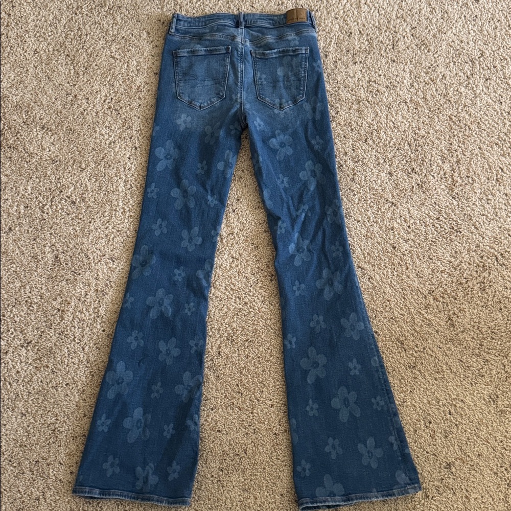 American Eagle Outfitters Dark Blue Floral Flare Jeans 4 XLong